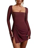 Oumrdeo Women’s Sexy Long Sleeve Square Neck Ruched Bodycon Split Tank Club Party Mini Tennis Dress Wine Red M