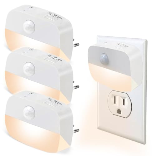 Luz nocturna con detector de movimiento en interiores   [4 unidades] Luz nocturna de brillo regulable con modos de encendido/apagado, luz de enchufe para habitación infantil, dormitorio