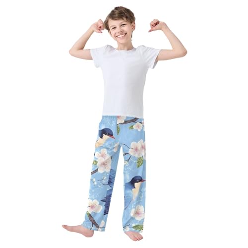 Birds Plum Flowers Boys Long Pants Soft Trousers Elastic Waist Kids Lounge Bottoms with Pockets S-XL2