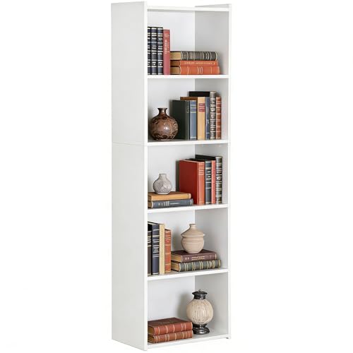 JupiterForce 5-Tier Book Shelf, Wooden 5-Cube Bookshelf Bookcase, Freestanding Display Storage Shelf for Small Spaces, Bedroom, Living Room, Home Office (White)