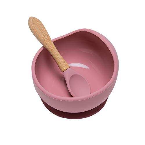 Promise Babe Plato para bebé con ventosa Cuenco de silicona con ventosa Plato infantil antideslizante con cuchara de silicona Cuenco de silicona sin BPA (Polvo de cuero) Cover