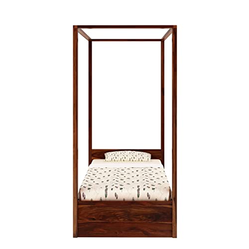 Image of Solid Sheesham Wood Single Size Poster Bed Without Storage for Bed Room Living Room Home Wooden Double Bed Palang Solid Wood Bedroom Furniture for Hotel (Honey Finish)