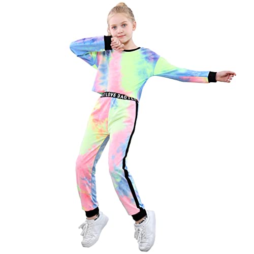 Two Piece Sweatsuits For Women, Pullover Long Athletic Shirts + Sweatpant Tie Dye Track Suits Outfits, Belly Button Length Multicolor, Medium #TOP2
