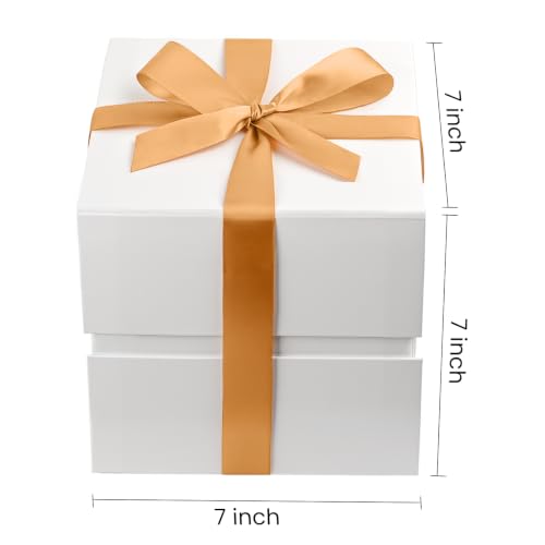 Image of LIFELUM Square Gift Box with Magnetic Lid, Card, Sticker, Ribbon, Shredded Paper Filler for Business, Wedding, Birthdays (White, square - 7 inch, 1 count (Pack of 1))