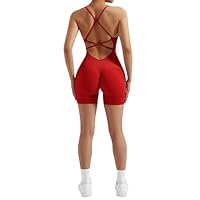 RXRXCOCO Spaghetti Strap senza maniche a costine, push up scrunch Booty Jumpsuit da donna aderente senza schiena imbottita per la pancia corta, yoga, sport, Colore: rosso, S