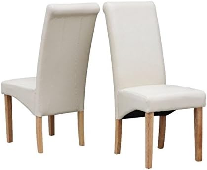 Yopih Furniture Set of 2 Premium Faux Leather Dining Chairs Roll Top Scroll High Back Solid Wood Legs Foam Padded Seat Contemporary Modern Look (Cream)