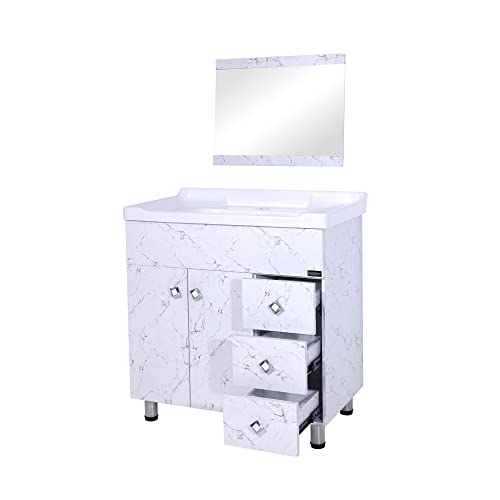 REDBAY 32 Inch Snow White Contemporary Bathroom Vanity Cabinet with Washbasin & Matching Mirror, Freestanding, Double Doors, 3 Drawers, Integrated Sink