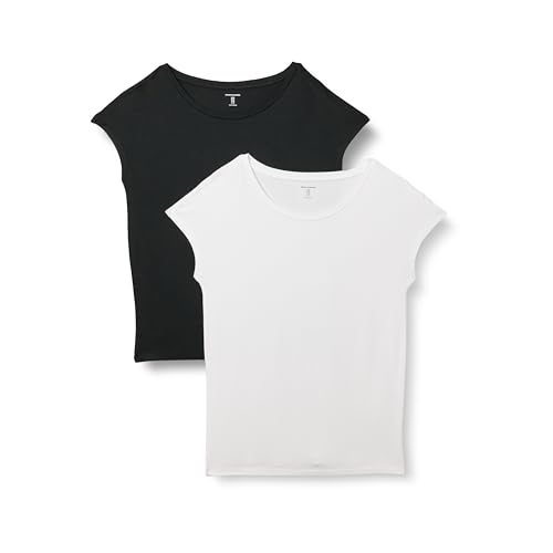 Amazon Essentials Womens Jersey Standard-Fit Short-Sleeve Boat-Neck T-Shirt Pack of 2 Black/White Medium