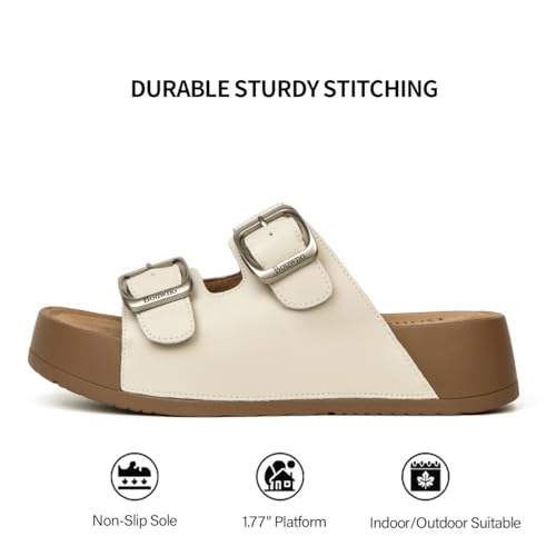 Image of Platform Sandals Women Genuine Leather Slip-on Beach Slide Buckle Comfortable Sandals with Memory Foam Soft Lining and Open Toe Low Wedges