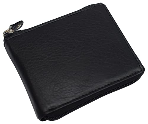 MARSHAL RFID Blocking Mens Zip Around Wallet Cowhide Leather Zipper Bifold (Black)4