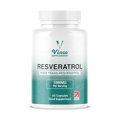 Vinco Resveratrol 1000mg, 60 Capsules - 100% Pure Trans-Resveratrol Supplement for Cellular Health and Cardiovascular Wellness - Non-GMO & Gluten Free - Made in The UK