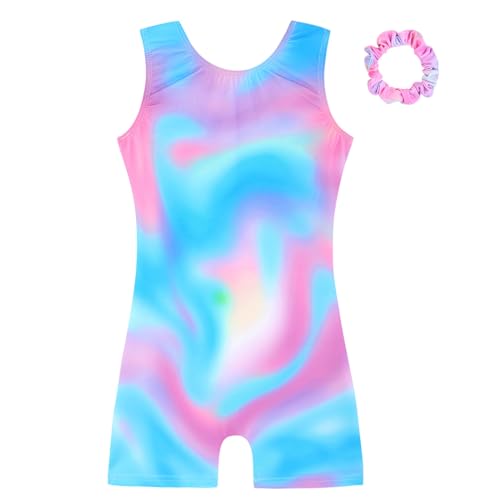 HOZIY Gymnastics Leotards for Girls with Shorts Biketards Dance Tumbling Outfits Matching Scrunchies 1-12 Years Old 3-4T Blue Colorful Watercolor