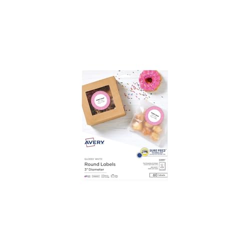 Image of Avery Glossy White Labels, Sure Feed Technology, 3 inch Round Labels, Print-to-The-Edge, Laser /Inkjet, 60 Total (22891)