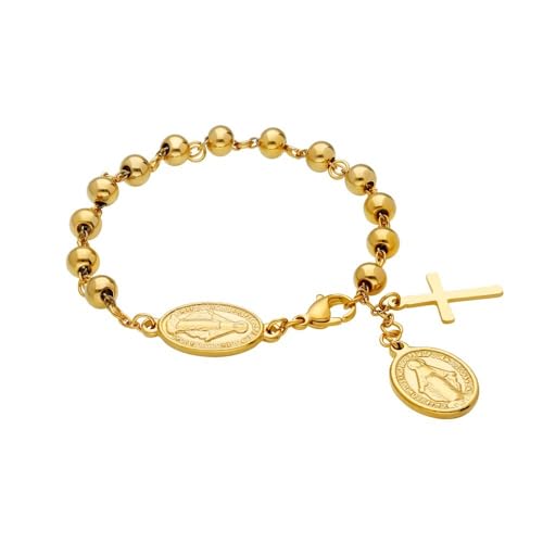 AVANCY Pulsera Virgen Milagrosa Acero 316 L. Chapado Oro 18 kilates. Cadena...