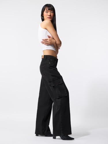 Image of The Souled Store Wide-Leg Denim: Carbon Black Japanese Script Embroidered Women and Girls Buttoned Black Washed Cotton Denim Wide Leg Fit Six Pocket Everyday Denim Jeans