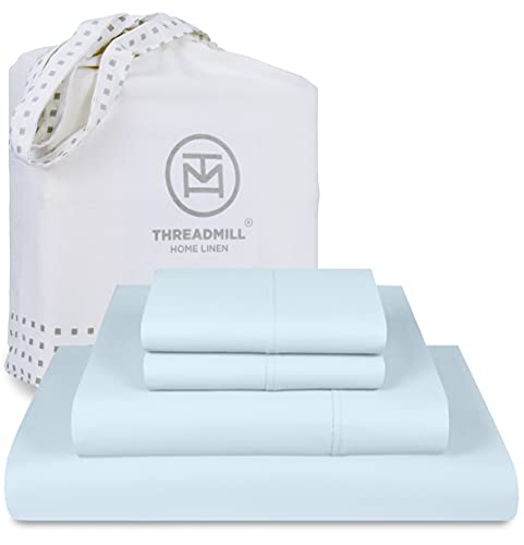 Threadmill Supima Cotton Queen Sheet Set, 1000 Thread Count Queen Sheets for Queen Mattresses, 4 Piece American Luxury Bed Sheets, Sateen Hotel Quality Sheets with Elasticized Deep Pocket, Light Blue