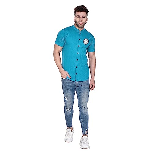 Image of Geum Men's Mandarin Collar Shirt with Graphic Print| Short Sleeve Cotton Blend Slim Fit Casual Shirt for Men