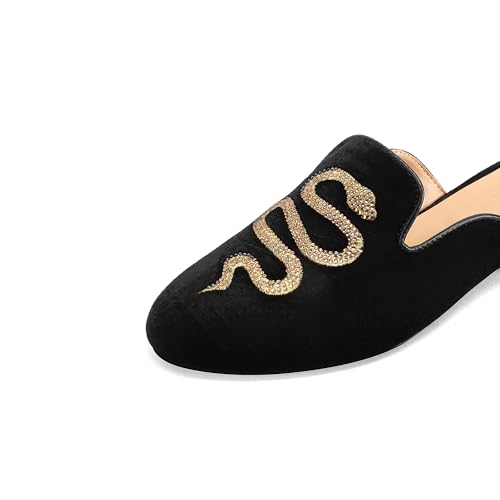 Round Toe Slip-On Mule Shoes for Women Elegant Rhinestone Velvet Low Heeled Flats with Snake Pattern and Gold-Plated Heel4