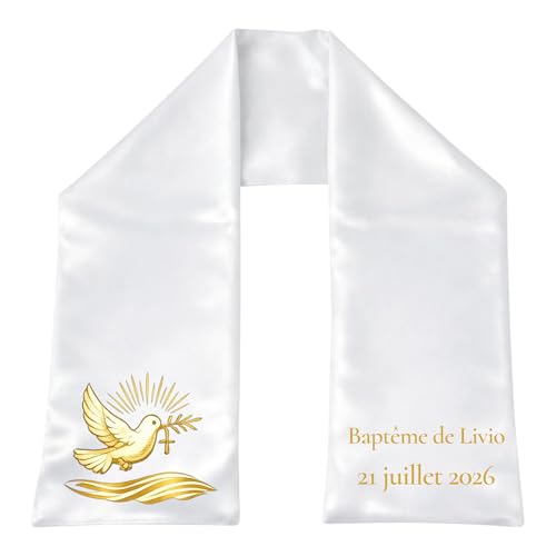 Générique Écharpe de Baptême Satiné Croix Colombe Scintillante Personnalisée Fait Mains Impression Directe, Doux et Agréable à Porter, Enfant Bébé