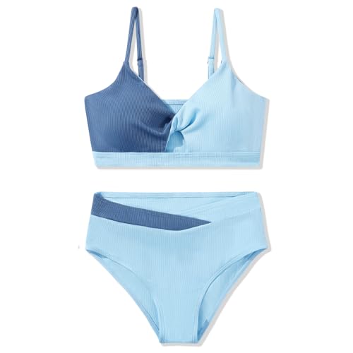 Image of Girls Swimsuit Color Block Twist Bathing Bikini Suit Adjustable Straps Girls 2 Piece Swimsuit 7-14 Years