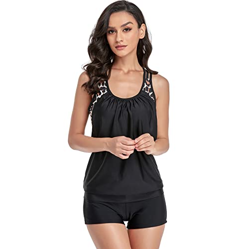 Ensemble short de bain 2 pièces pour femme - Imprimé léopard - Coupe haute - Pour femme - 1C 1C, Noir , 7,62 cm par 7,62 cm