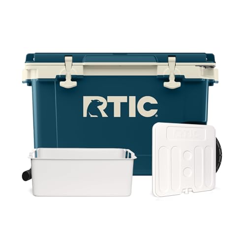 RTIC 52 QT Ultra-Light Wheeled Cooler Bundle with Freezable Divider, Dry Goods Basket, Hard Insulated Ice Chest Box for Beach, Camping, Picnic, Fishing, Boat, Marine/Canvas
