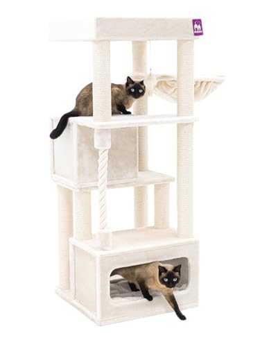 Petrebels Tiragraffi Lodge alto 150 cm con divano XL amaca e corda da gioco per gatti, albero tiragraffi per più gatti, colore beige/crema