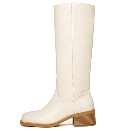 Image of Knee High Boots Women Square Toe Chunky Block Heel Banana Campus Boot Wide Calf Comfortable Low Heel Riding Long Boots