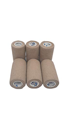 PintoMed - Venda Cohesiva - 6 x BEIGE OSCURO - 6 rollos x 10 cm x 4,5 m estirado - Vendaje autoadhesiva elástica y flexible, Cinta adhesiva, Vet Wrap, Tape, Primeros auxílios y lesiones