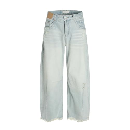 Men’s Ripped Raw Edge Washed Distressed Denim Pants, Retro High Street Loose Wide Leg Arc 3D Jeans