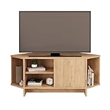 Bimossa Teo Corner TV Stand – Space-Saving TV Unit for 43–48'' TVs, Compact Media Console with Open Shelves & Cabinet, Ready to Assemble, Available in 5 Colours (Oak)