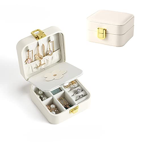 Kleine Schmuckbox für Frauen und Mädchen, PU-Leder, tragbar, 2 Ebenen, Organizer Display Aufbewahrung Halter Boxen für Ringe, Ohrringe, Halsketten, Armbänder (Farbe: Weiß) Cover