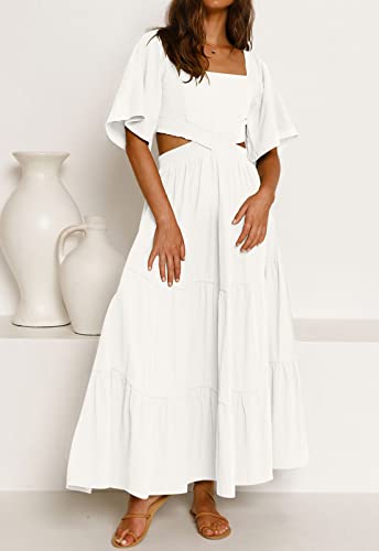 LEANI Women's 2025 Summer Cutout Maxi Dress Square Neck Short Sleeve Crossover Waist Casual Party Dresses4