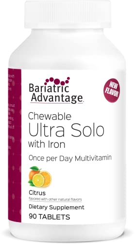 Bariatric Advantage Chewable Ultra Solo with Iron Daily Multivitamin for Gastric Bypass Surgery and Sleeve Gastrectomy Patients, Includes Vitamin B12, C, D, K, Thiamin and Copper - Citrus, 90 Count