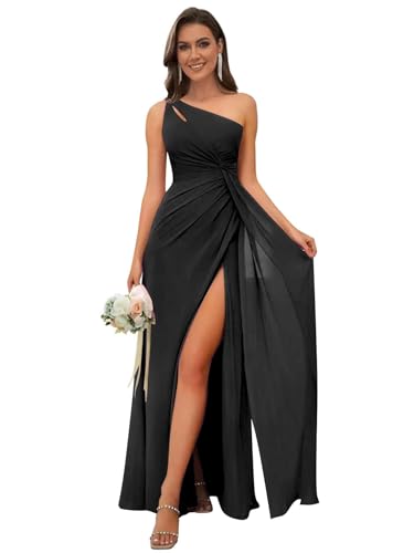 Image of OFEECHUN Women's Chiffon One Shoulder Bridesmaid Dresses Long Pleated Formal Evening Gowns with Slit