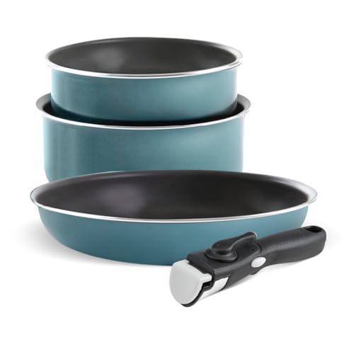 QDESIGN - Juego de 2 cacerolas y cacerolas de aluminio antiadherente sin PFOA con mango extraíble, para todo tipo de fuegos, incluida inducción, apto para lavavajillas y nevera, color azul tormenta y