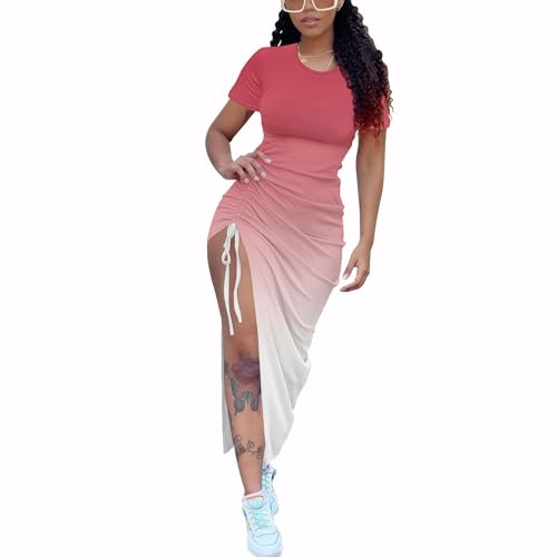 Image of Nimsruc Women Sexy Summer Dresses Short Sleeve Thigh-high Slit Ruched Bodycon Maxi Club Cocktail Party Dress