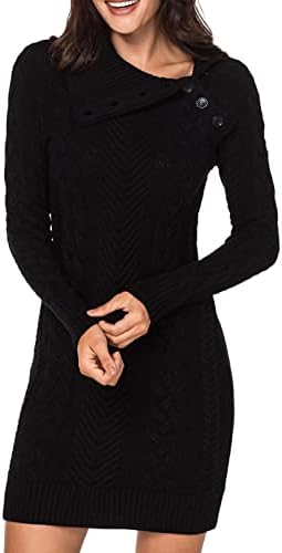 AlvaQ Womens Winter Knitted Dress Long Jumper Turtule Neck Diagonal Button Sweater Dresses Long Sleeves Bodycon Cable Knit Thick Mini Sweater Casual Tunic Pullover Knitwear,Black UK 6-8