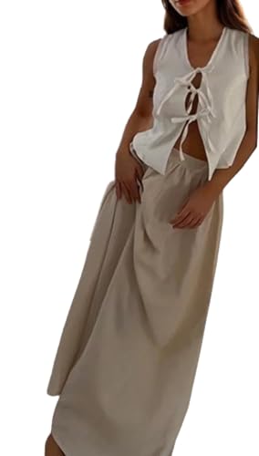 2 Piece Linen Set for Women Casual Sleeveless Tie Front Top Boho Maxi Skirt Vacation Outfits Summer Going Out Beach3