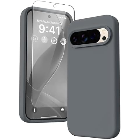 GONEZ for Google Pixel 9/Pixel 9 Pro Case, Liquid Silicone Case with 2 Screen Protectors, Full Body Protective Cover, Anti-Scratch Soft Microfiber Lining, Shockproof Phone Case 6.3", Deep Gray Cover