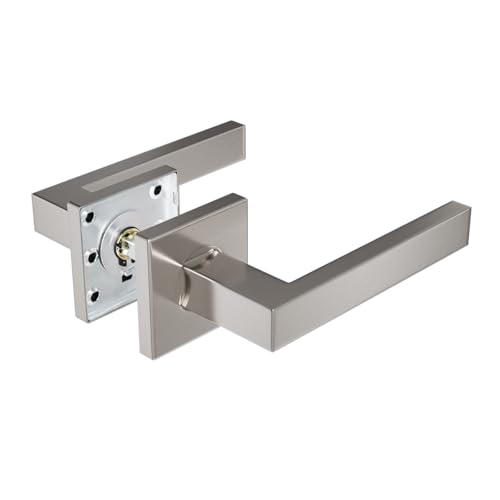 Amig - Juego de Manillas para Puertas - Color Plateado - Diseño Elegante y Sencillo - Fácil de Instalar, Incluye Tornillería - Acero Inoxidable - Roseta Cuadrada de 54 x 54 mm