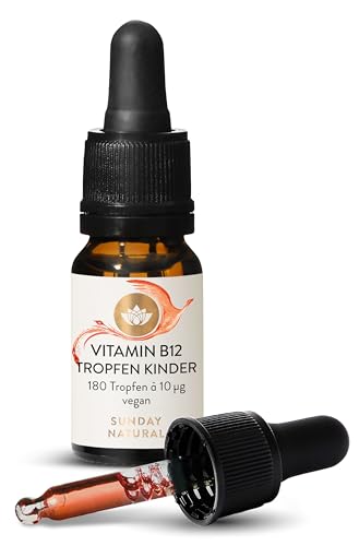 SUNDAY NATURAL® Vitamin B12 Tropfen für Kinder - 10 µg B12 Vitamin pro Tagesdosis - Beide aktive Formen, Methylcobalamin + Adenosylcobalamin - 10ml Vitamin B12 Kinder - Vegan, Laborgeprüft