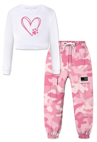 Image of SANGTREE Girls' Clothing Sets Crop Top & Cargo Jogger Pants 2 Piece Outfit, White+camouflage, 13-14Y = Tag 170