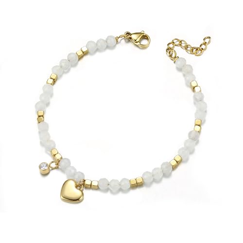 LOLIAS Perlenarmbänder Damen Edelstahl Weiß Naturstein Heilkristall Armband mit Herz und CZ Anhänger Verstellbares Freundin Armband Gold Geburtstags Geschenke für Damen Mädchen