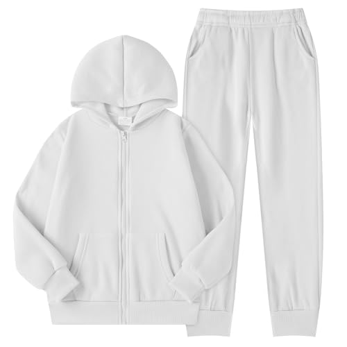 QTWW INC Girls Boys 2 Piece Tracksuit Athletic Sweatsuits Sets Zipper Hooded Sweatshirt and Jogger Sweatpants Clothing Sets for Kids,White,14Y-160