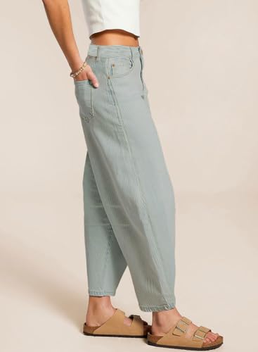 chouyatou Women's Baggy Mid Rise Barrel Jeans Boyfriend Y2K Striped Wide Leg Cropped Denim Pants2