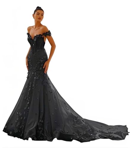 Zeeyecie Black Off Shoulder Tulle Wedding Dresses Mermaid Lace Applique