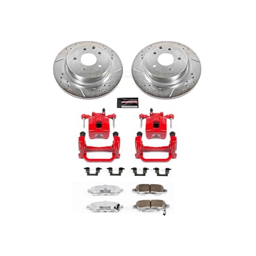 Image of PowerStop Rear Brake Kit for INFINITI G35 2005-08 |M35 2006-09 |M45 2006-09 - Drilled & Slotted Disc Rotors + Carbon-Fiber Ceramic Brake Pads + Red-Powder Coated Calipers, KC179-26