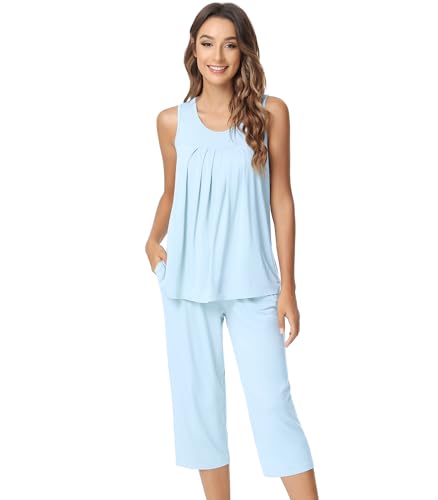 Image of NACHILA Pajamas for Women-Viscose Made from Bamboo, Sleeveless Pjs Tank Top Capri Pants Pajama Sets Cooling Sleepwear