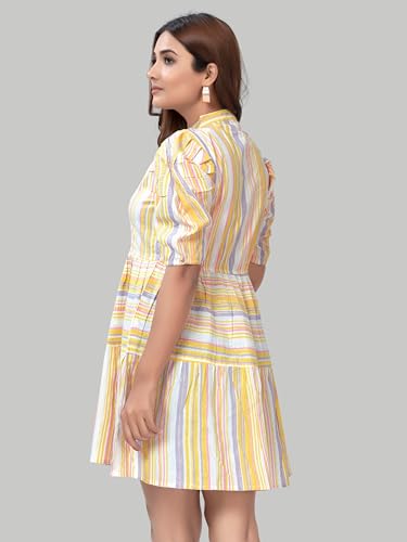 Image of Women's Cotten Light Colour Western Stripe Dress, Knee Length Puff Slevee